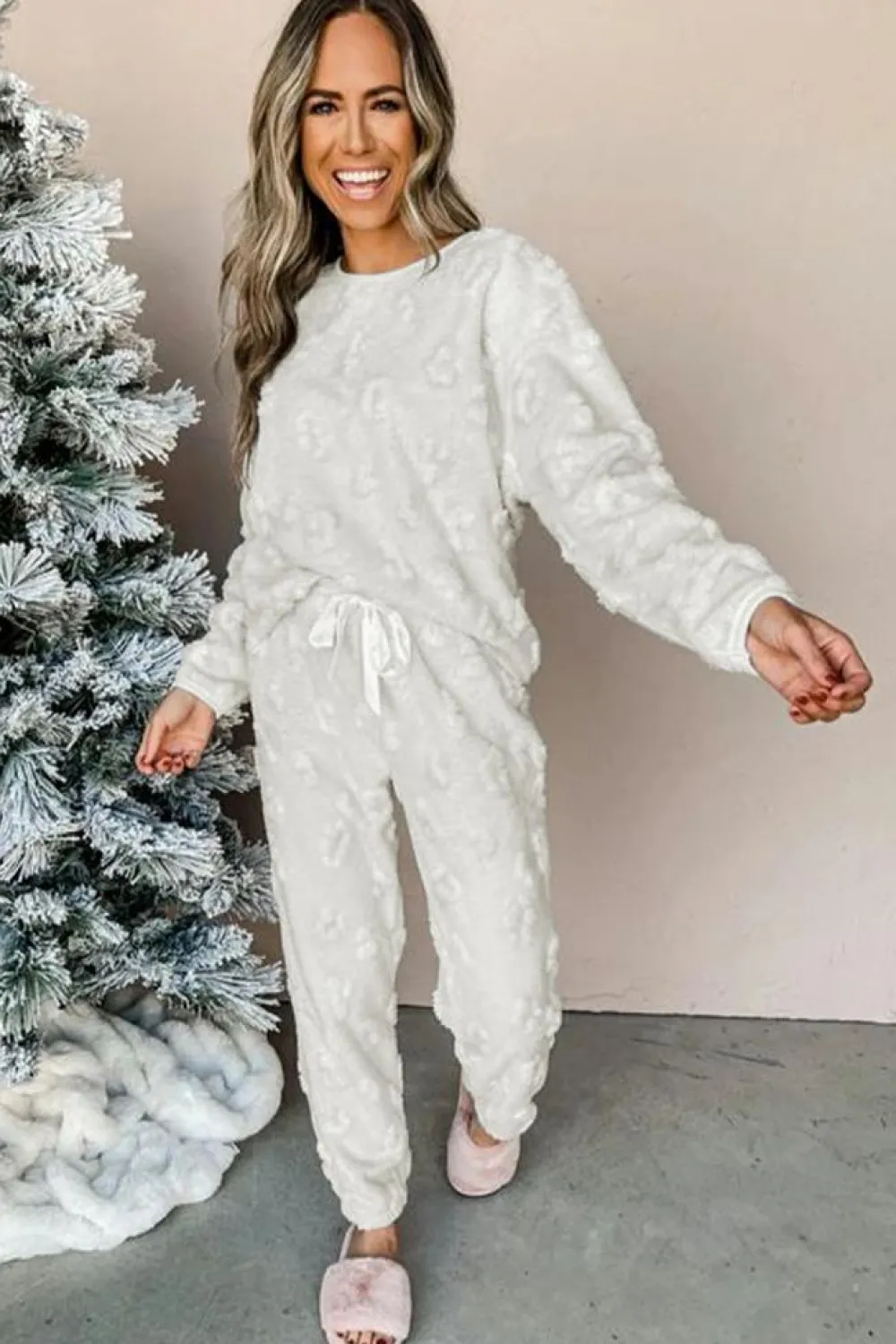 Discount Dear-Lover Leopard Textured Loose Fit Fleece Lounge Set Light Grey