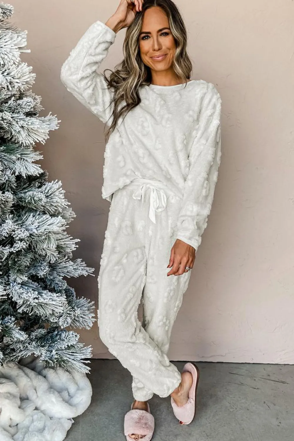 Discount Dear-Lover Leopard Textured Loose Fit Fleece Lounge Set Light Grey