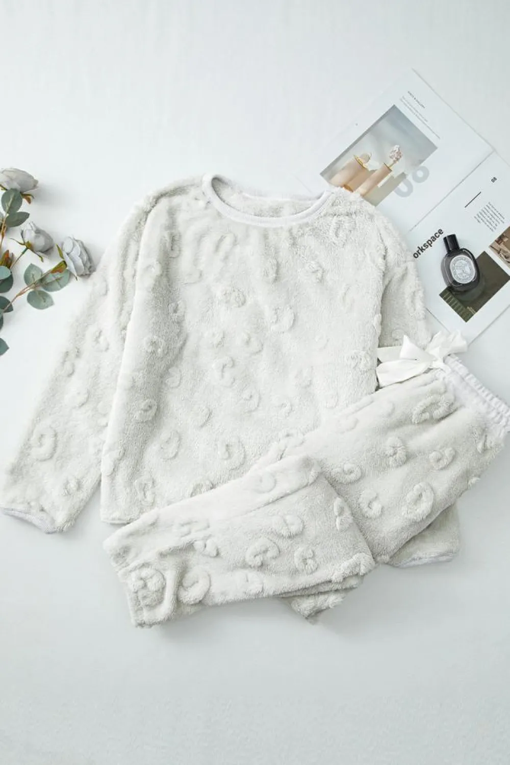 Discount Dear-Lover Leopard Textured Loose Fit Fleece Lounge Set Light Grey