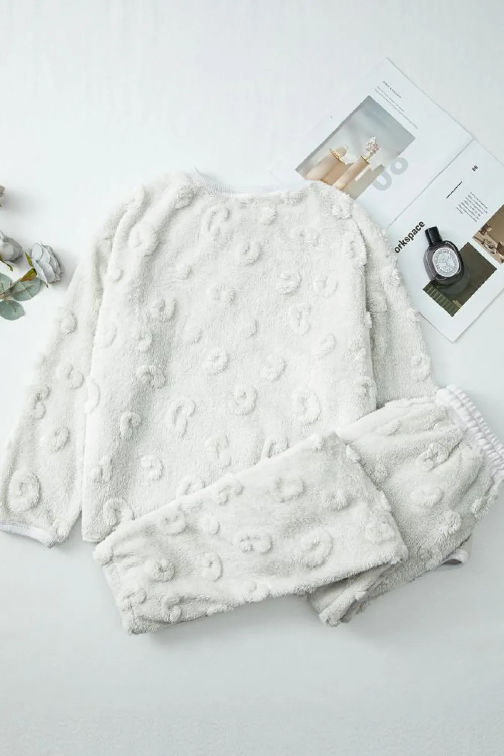 Discount Dear-Lover Leopard Textured Loose Fit Fleece Lounge Set Light Grey