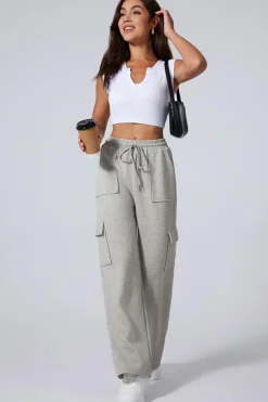 Online Dear-Lover Multi Pockets Lace-up High Waist Wide Leg Workout Pants Light Grey