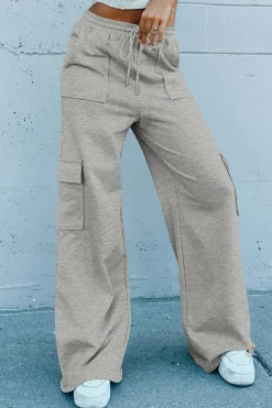 Online Dear-Lover Multi Pockets Lace-up High Waist Wide Leg Workout Pants Light Grey