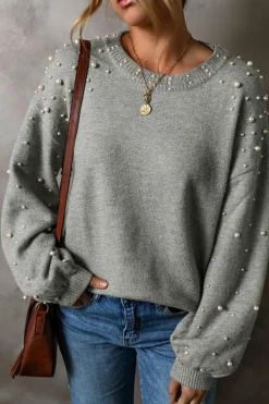 Best Dear-Lover Pearled Drop Shoulder Round Neck Sweater Light Grey