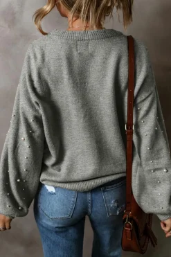 Best Dear-Lover Pearled Drop Shoulder Round Neck Sweater Light Grey