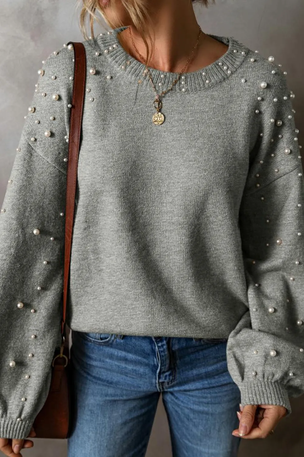 Best Dear-Lover Pearled Drop Shoulder Round Neck Sweater Light Grey