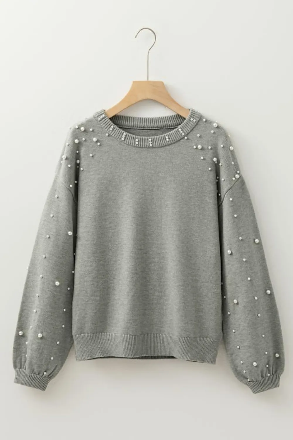 Best Dear-Lover Pearled Drop Shoulder Round Neck Sweater Light Grey
