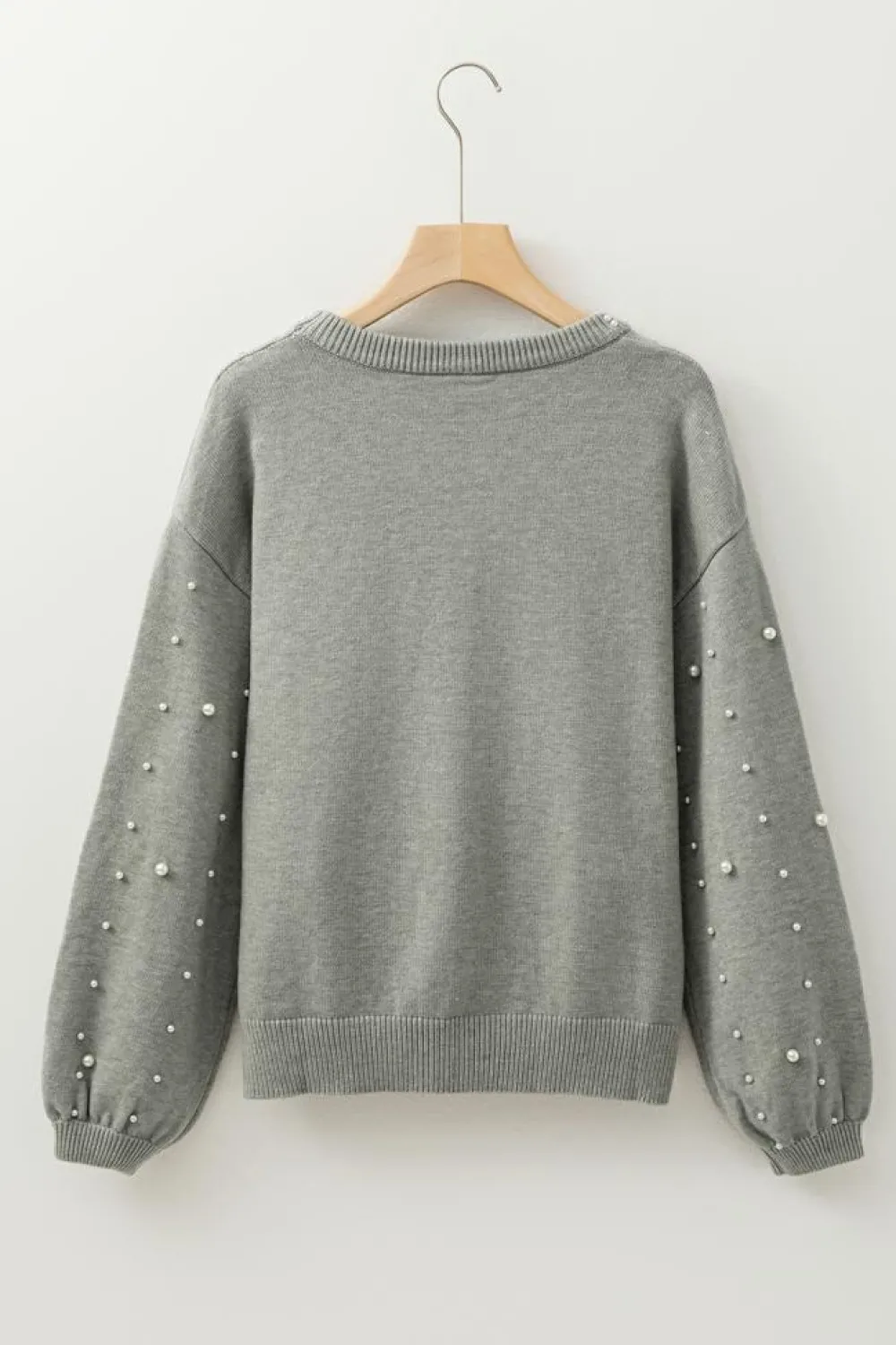 Best Dear-Lover Pearled Drop Shoulder Round Neck Sweater Light Grey