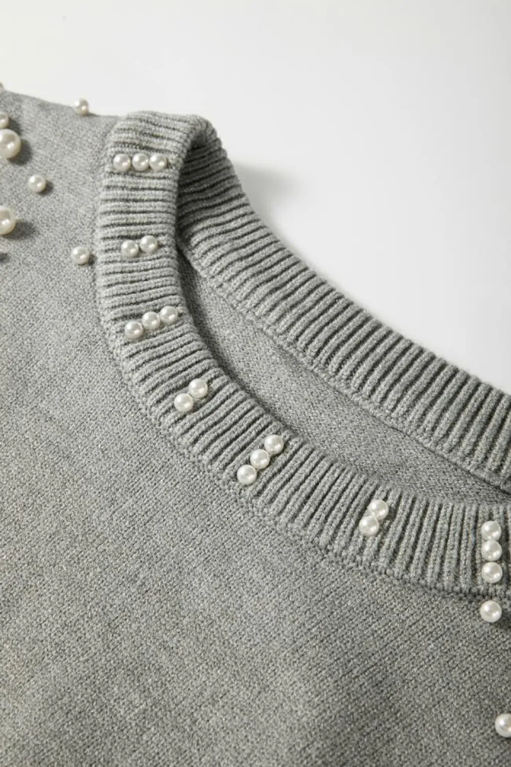 Best Dear-Lover Pearled Drop Shoulder Round Neck Sweater Light Grey