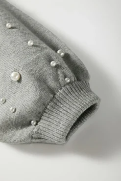 Best Dear-Lover Pearled Drop Shoulder Round Neck Sweater Light Grey