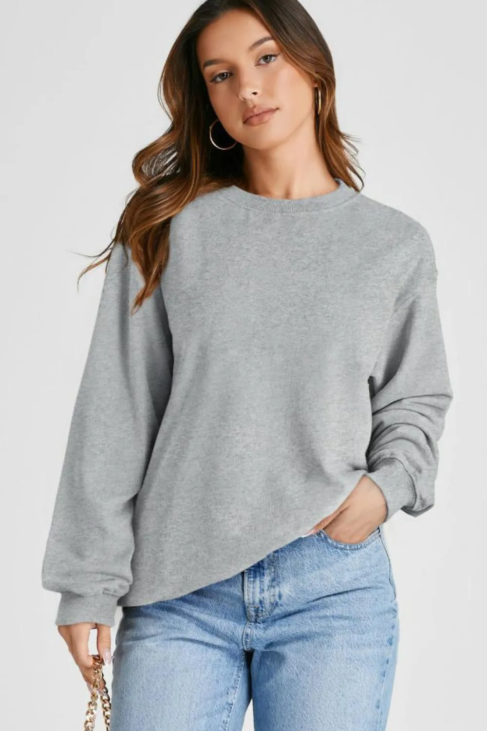 Best Dear-Lover Plain Drop Shoulder Crewneck Pullover Sweatshirt Light Grey