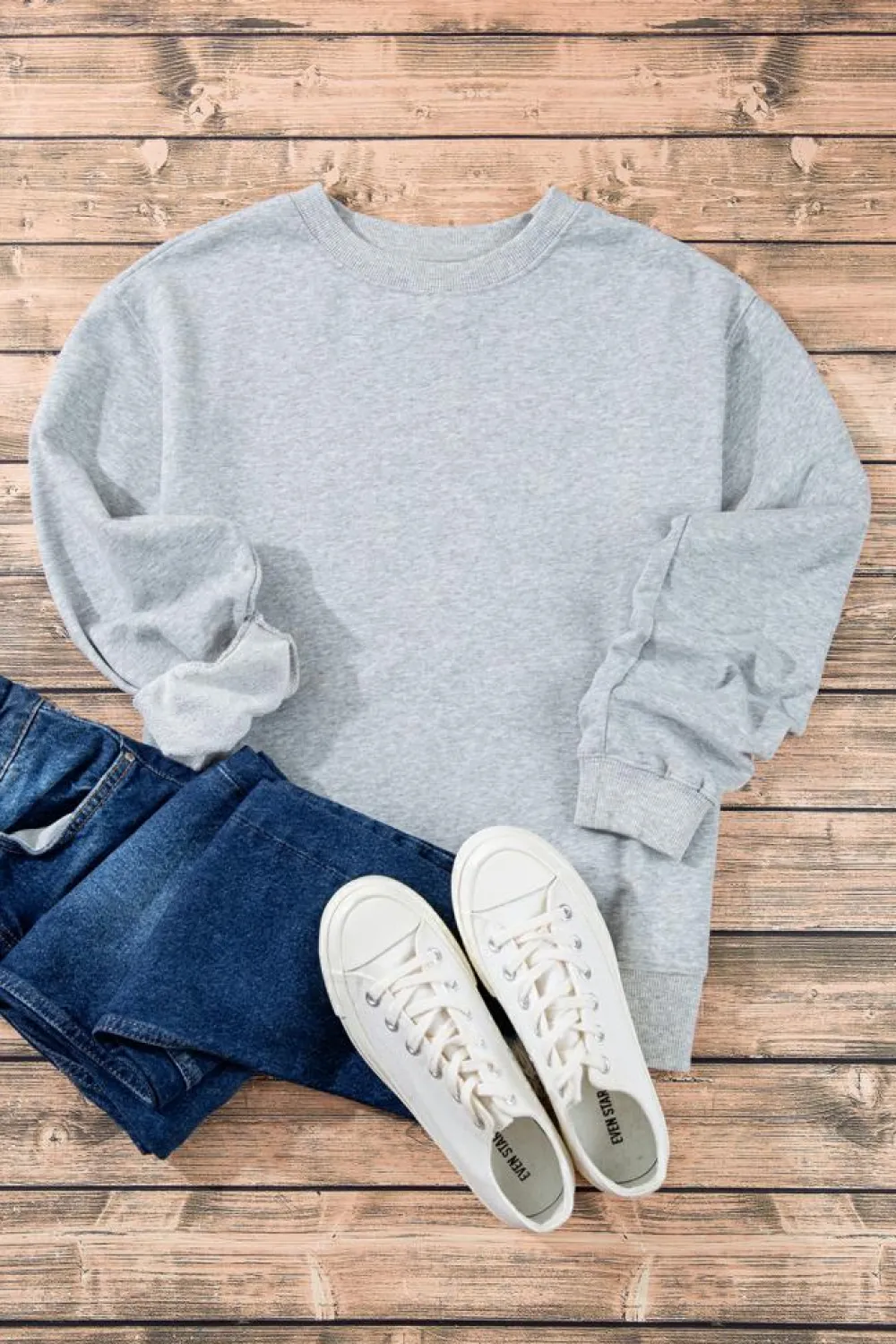 Best Dear-Lover Plain Drop Shoulder Crewneck Pullover Sweatshirt Light Grey