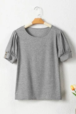 Sale Dear-Lover Pleated Puff Sleeve Knit Tee Light Grey