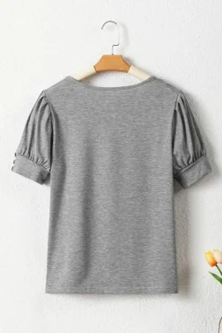 Sale Dear-Lover Pleated Puff Sleeve Knit Tee Light Grey
