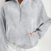 Clearance Dear-Lover Quarter Zip Stand Neck Kangaroo Pocket Sweatshirt Light Grey