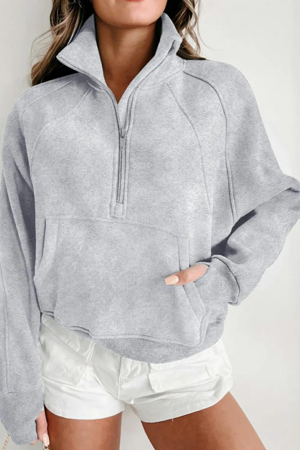 Clearance Dear-Lover Quarter Zip Stand Neck Kangaroo Pocket Sweatshirt Light Grey