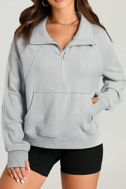 Clearance Dear-Lover Quarter Zip Stand Neck Kangaroo Pocket Sweatshirt Light Grey