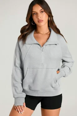Clearance Dear-Lover Quarter Zip Stand Neck Kangaroo Pocket Sweatshirt Light Grey