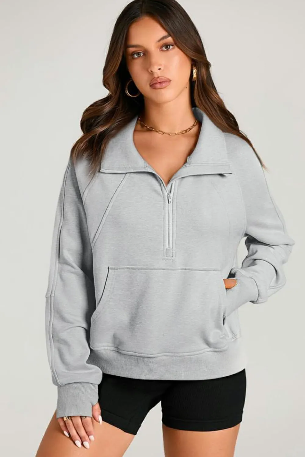 Clearance Dear-Lover Quarter Zip Stand Neck Kangaroo Pocket Sweatshirt Light Grey
