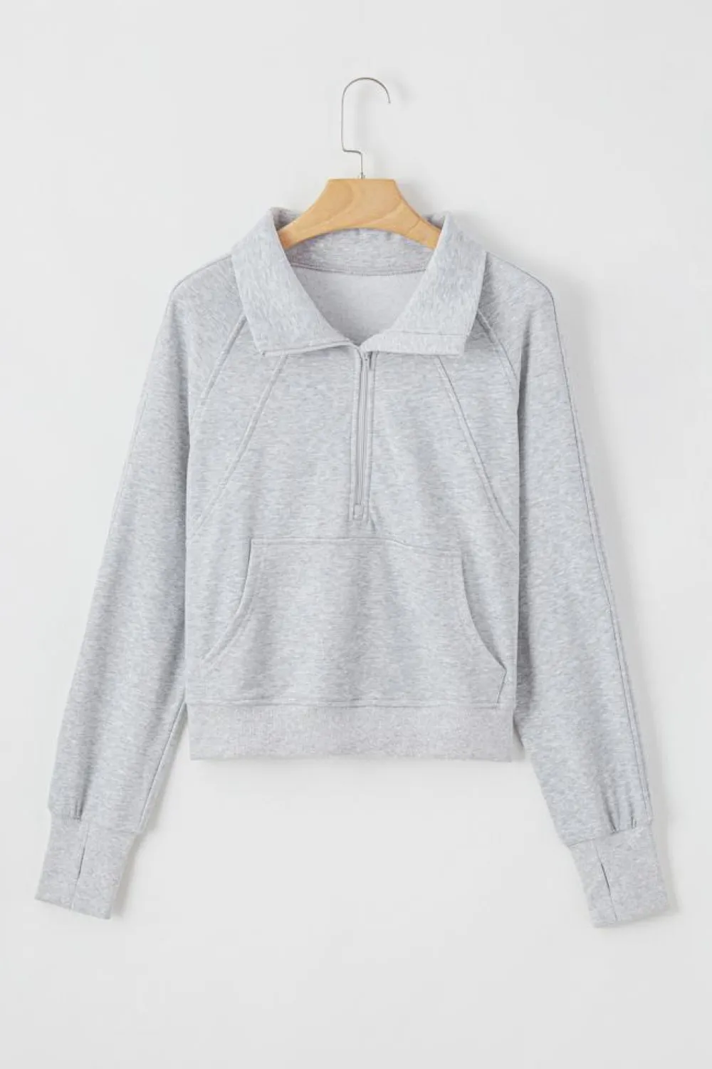 Clearance Dear-Lover Quarter Zip Stand Neck Kangaroo Pocket Sweatshirt Light Grey