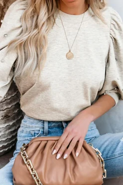 Hot Dear-Lover Rhinestone Pearl Puff Half Sleeve Top Light Grey