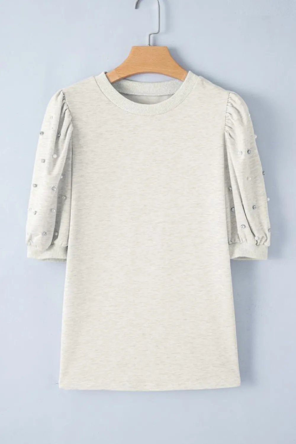 Hot Dear-Lover Rhinestone Pearl Puff Half Sleeve Top Light Grey