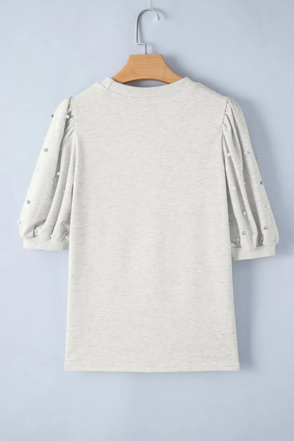 Hot Dear-Lover Rhinestone Pearl Puff Half Sleeve Top Light Grey