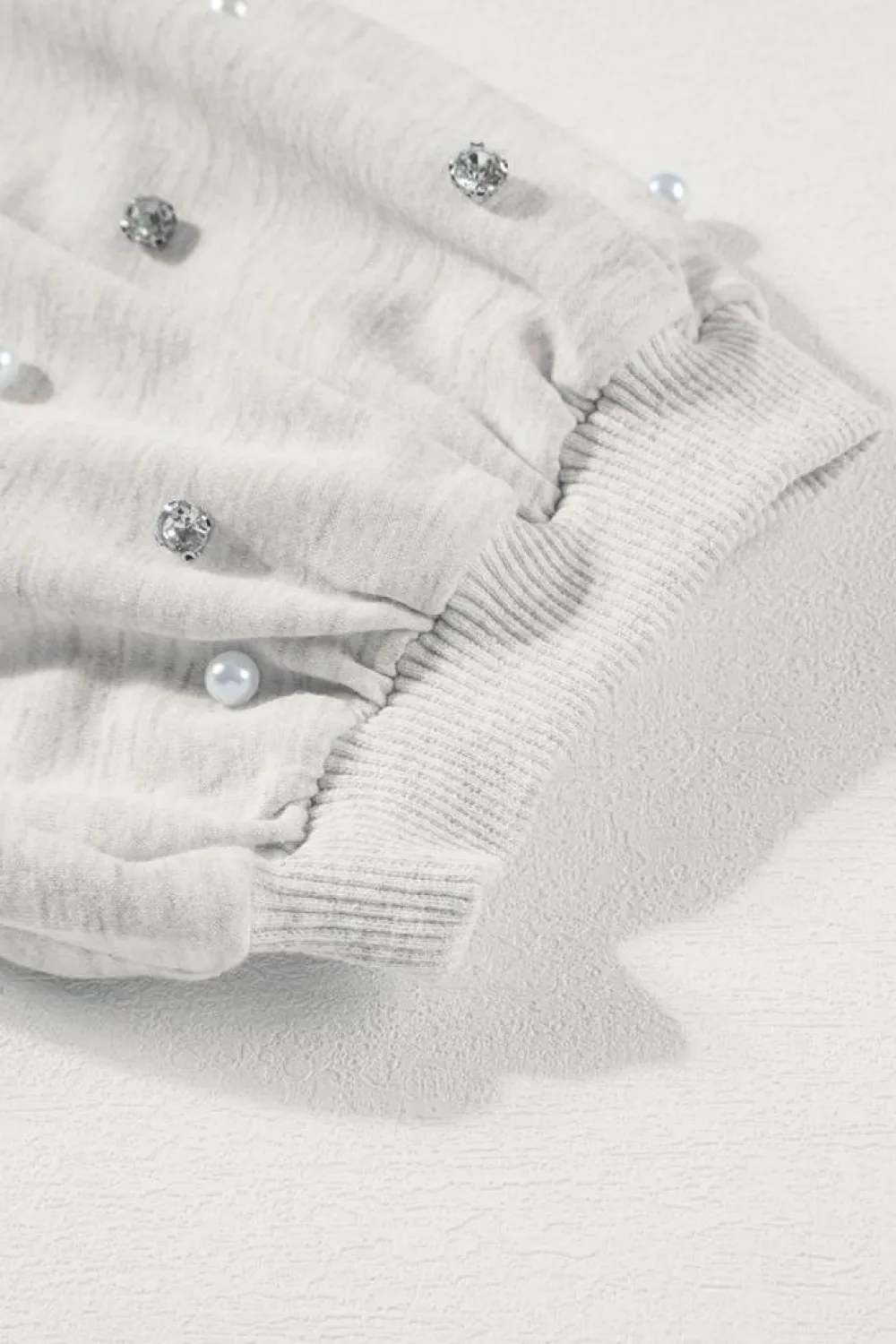 Hot Dear-Lover Rhinestone Pearl Puff Half Sleeve Top Light Grey