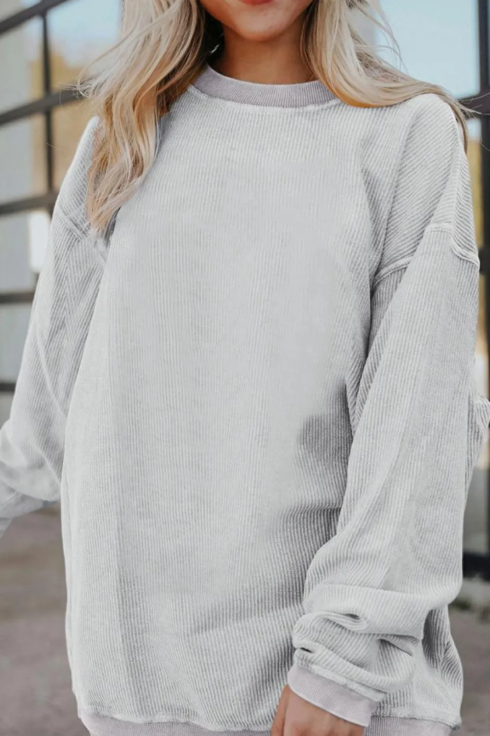 Hot Dear-Lover Ribbed Corduroy Oversized Sweatshirt Light Grey