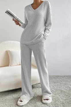 New Dear-Lover Ribbed Knit V Neck Slouchy Two-piece Outfit Light Grey