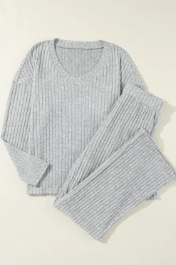 New Dear-Lover Ribbed Knit V Neck Slouchy Two-piece Outfit Light Grey