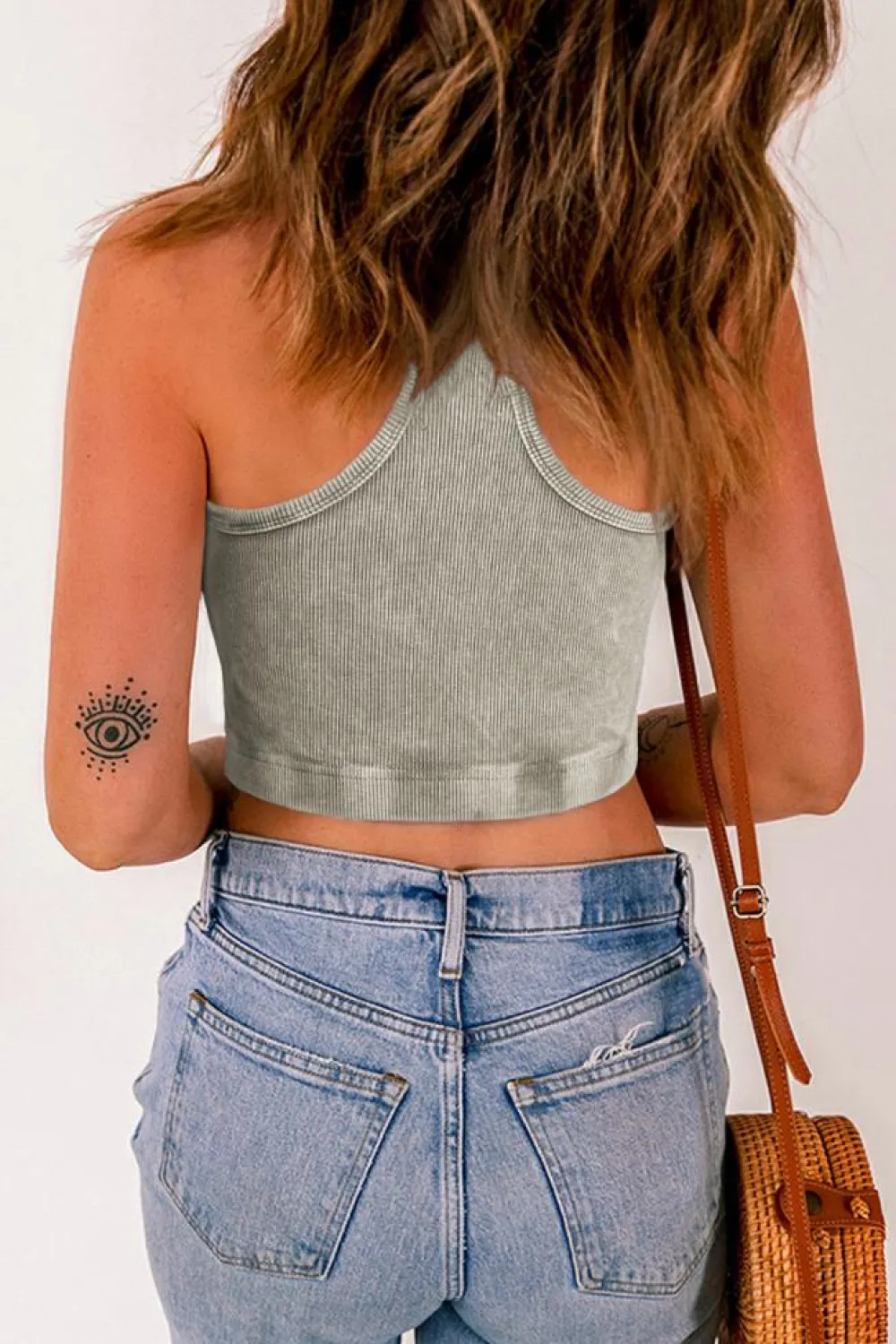 Hot Dear-Lover Ribbed Mineral Wash Racerback Cropped Tank Top Light Grey