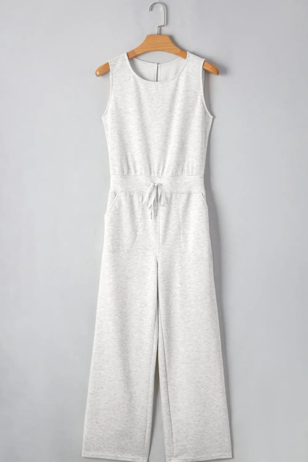 Sale Dear-Lover Solid Color Crew Neck Drawstring High Waist Sleeveless Jumpsuit Light Grey