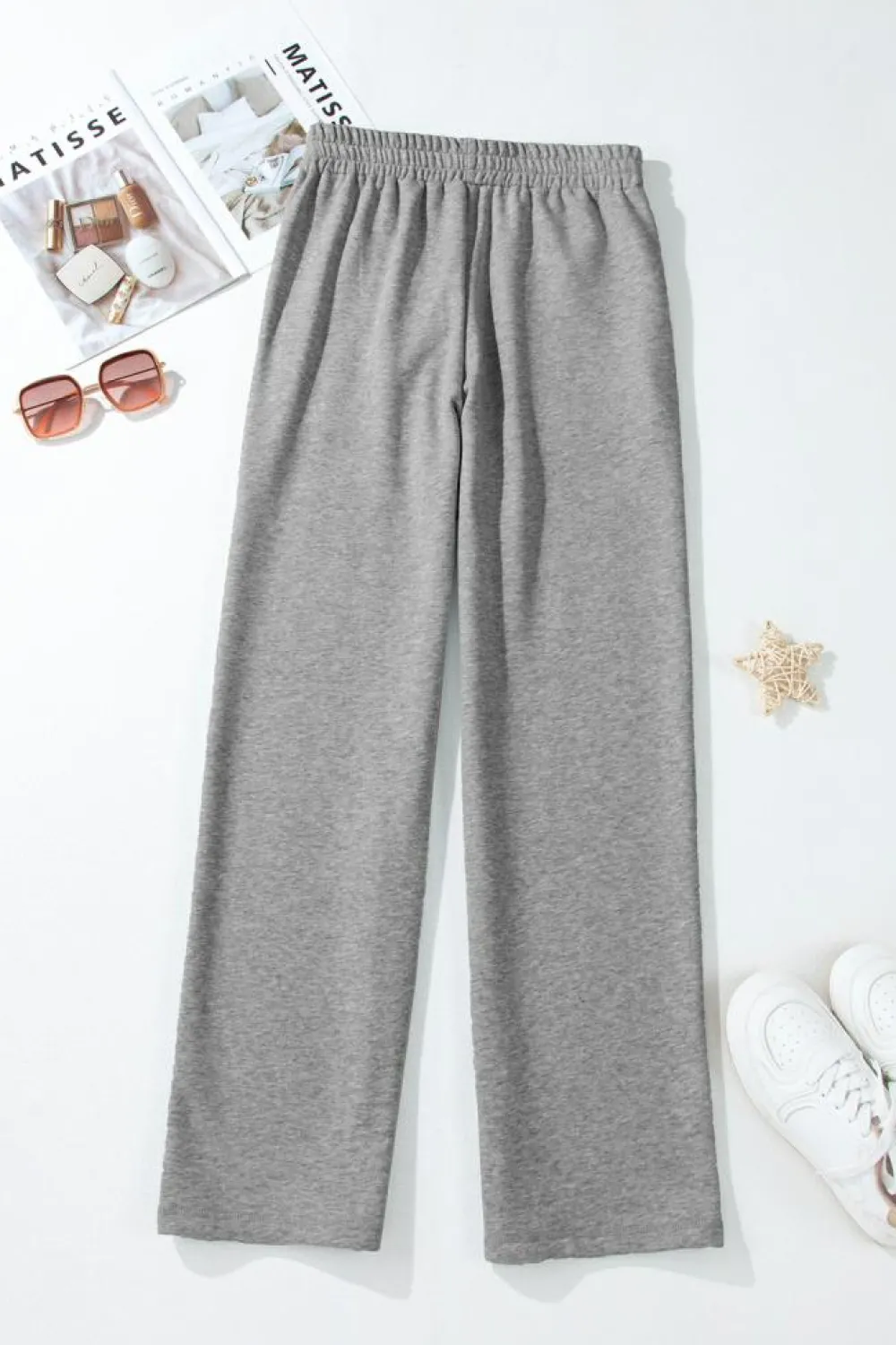 Clearance Dear-Lover Solid Color Fleece Lined Drawstring Waist Casual Pants Light Grey