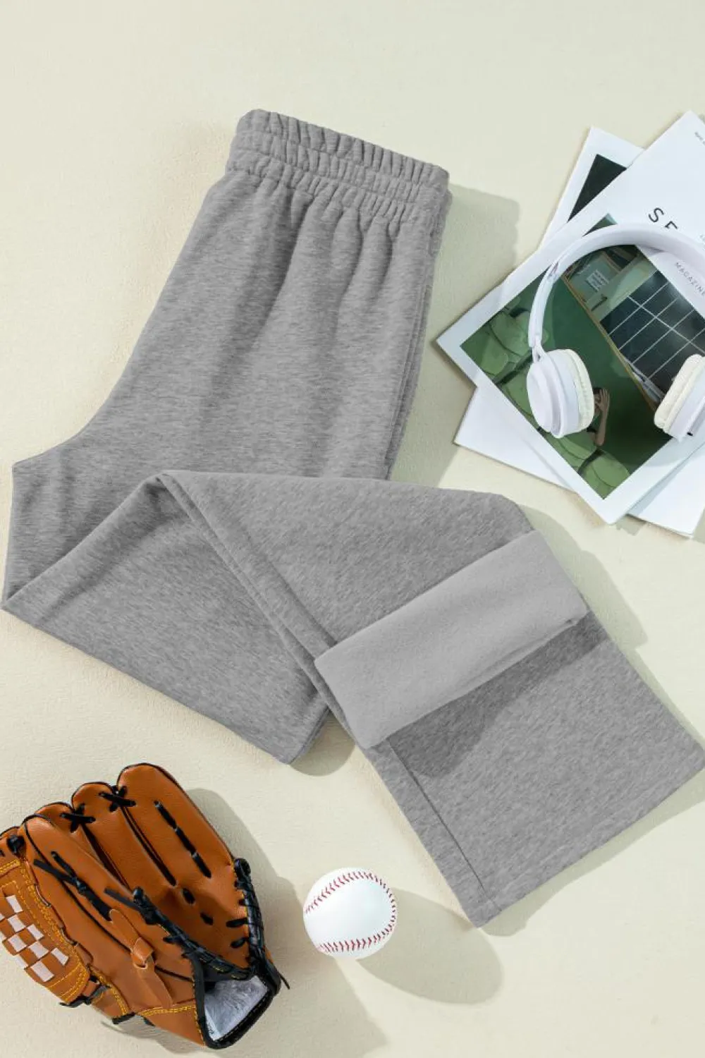 Clearance Dear-Lover Solid Color Fleece Lined Drawstring Waist Casual Pants Light Grey