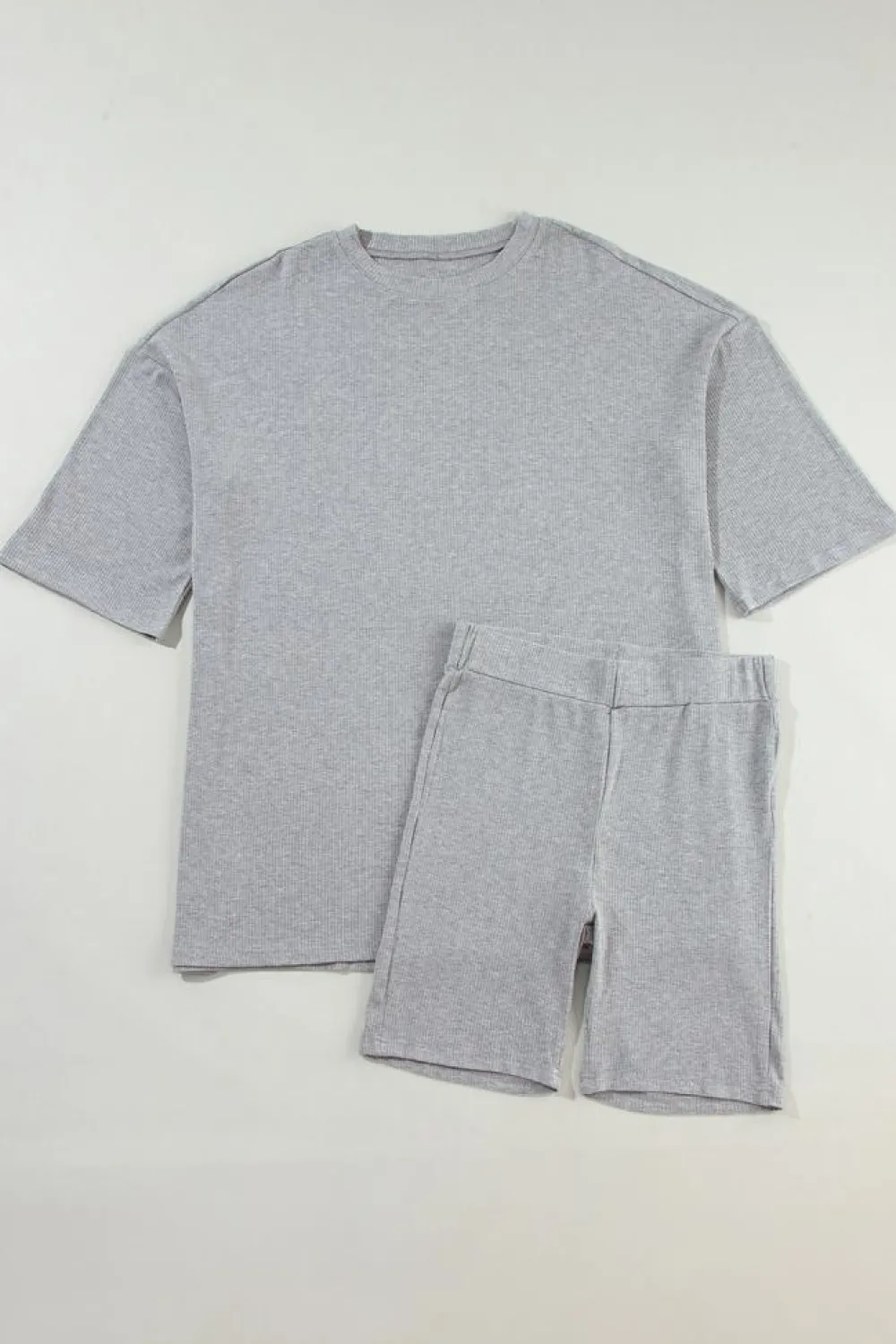 Sale Dear-Lover Solid Color Loose Tunic Top and Slim Shorts Set Light Grey
