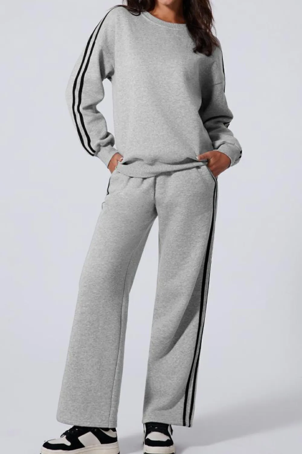 Outlet Dear-Lover Solid Color Side Striped Sweatshirt Active Set Light Grey