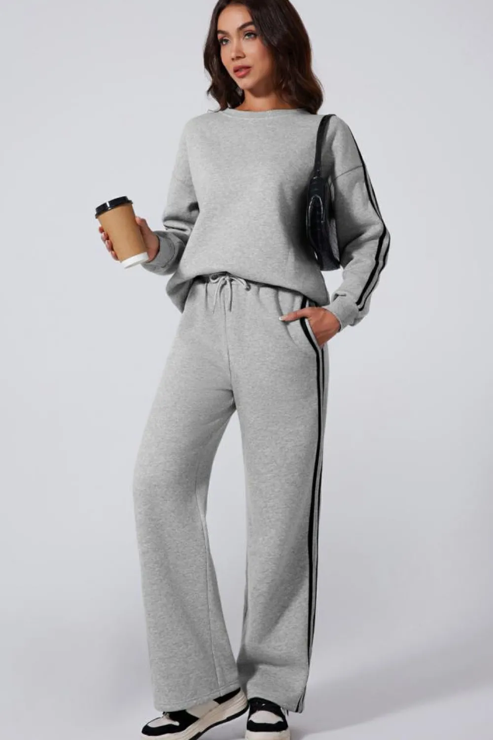 Outlet Dear-Lover Solid Color Side Striped Sweatshirt Active Set Light Grey