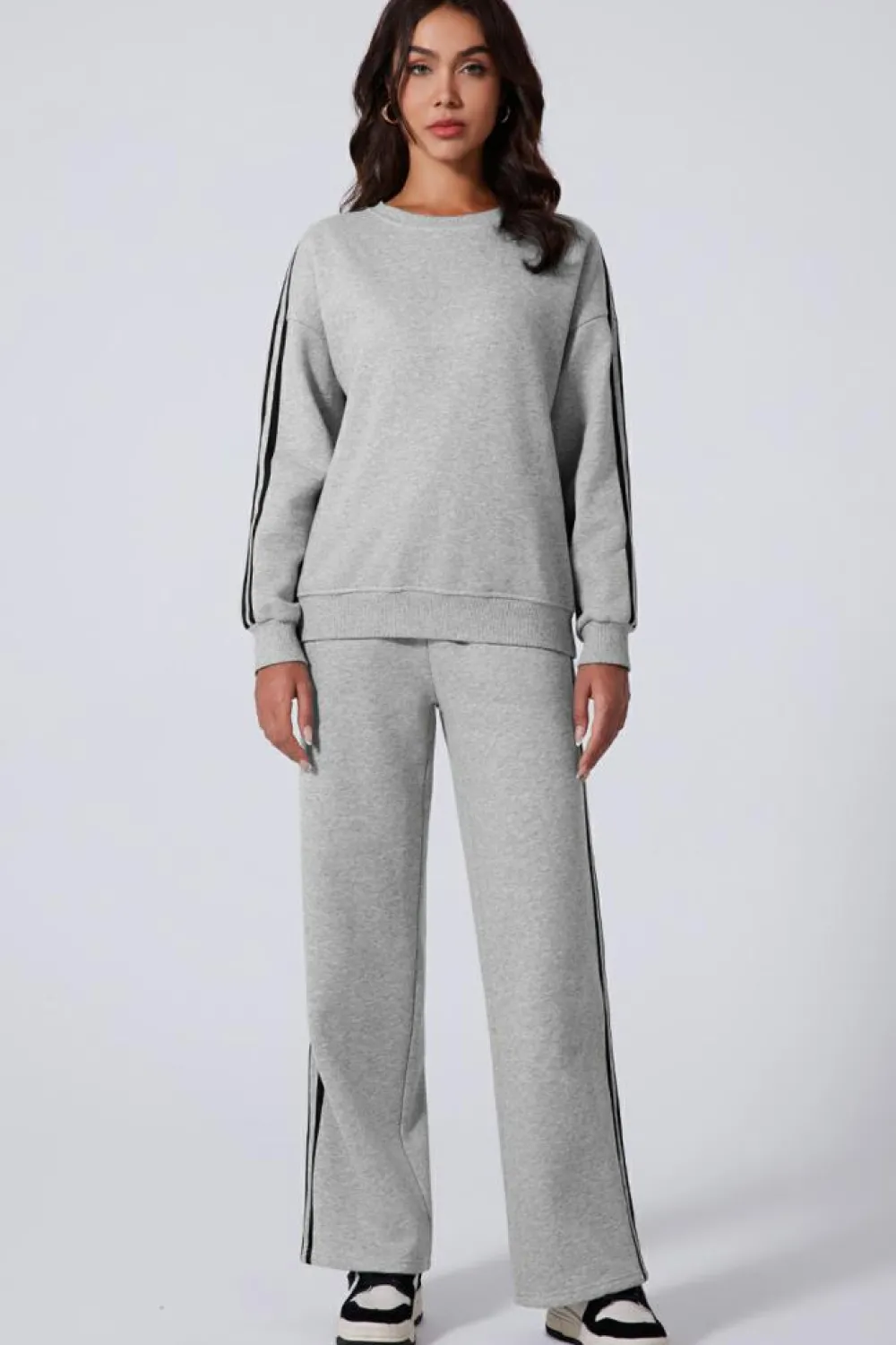 Outlet Dear-Lover Solid Color Side Striped Sweatshirt Active Set Light Grey