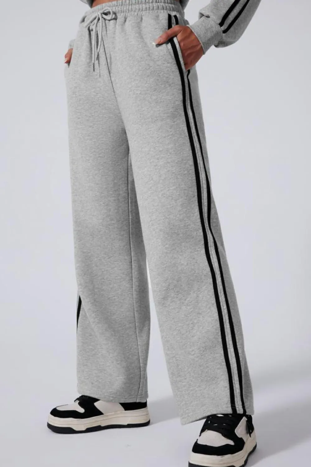 Outlet Dear-Lover Solid Color Side Striped Sweatshirt Active Set Light Grey