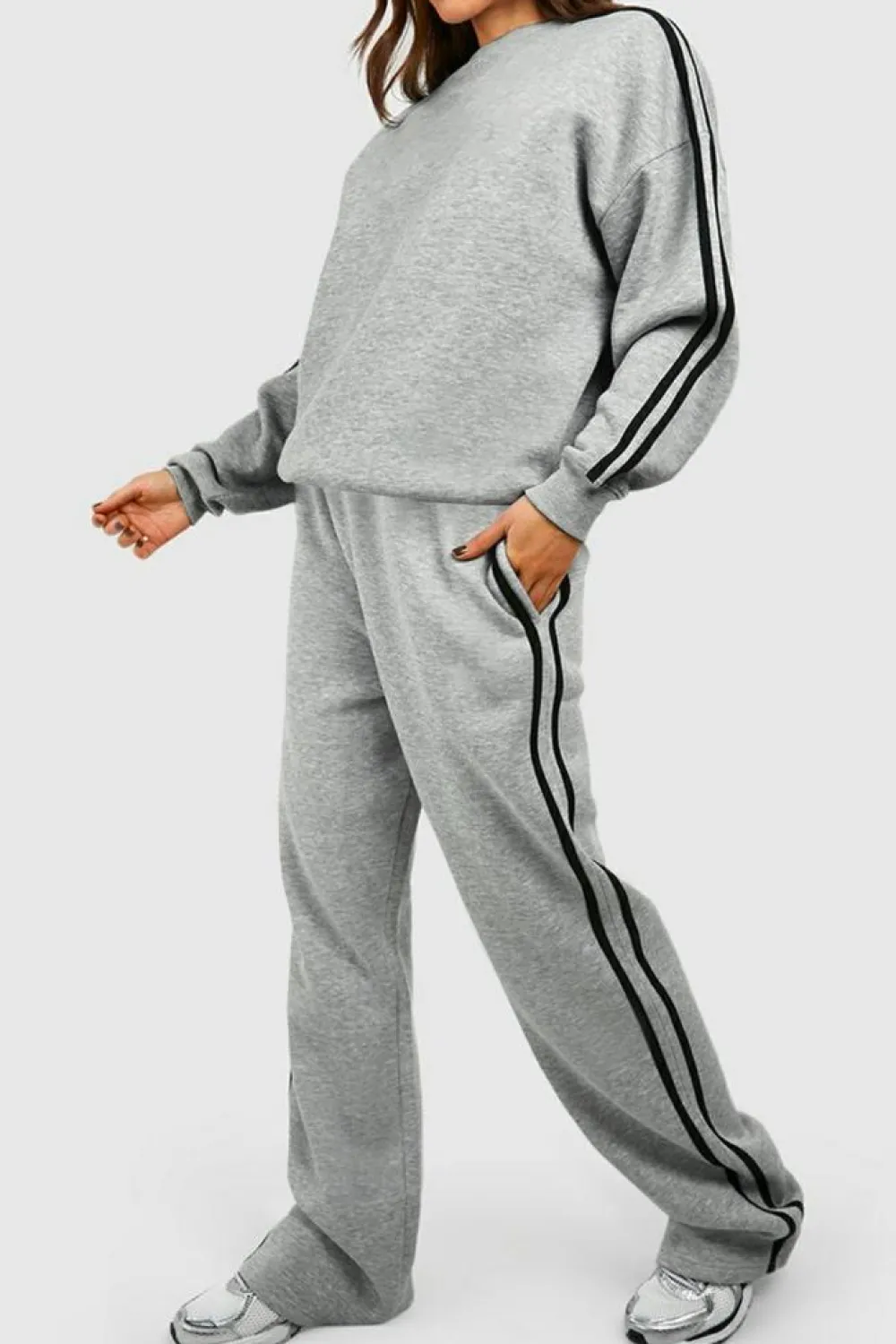 Outlet Dear-Lover Solid Color Side Striped Sweatshirt Active Set Light Grey
