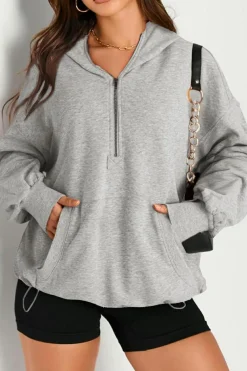 Clearance Dear-Lover Solid Kangaroo Pocket Half Zipper Oversized Hoodie Light Grey