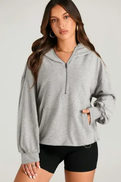 Clearance Dear-Lover Solid Kangaroo Pocket Half Zipper Oversized Hoodie Light Grey