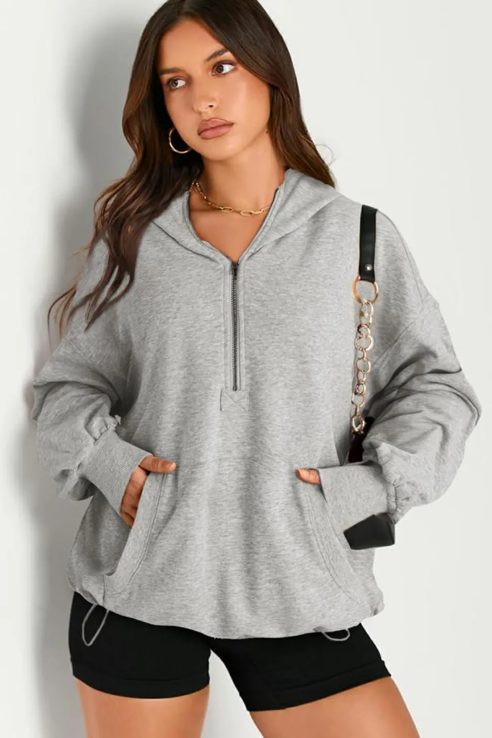 Clearance Dear-Lover Solid Kangaroo Pocket Half Zipper Oversized Hoodie Light Grey