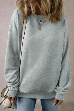 Best Dear-Lover Solid Loose Crew Neck Fleece Sweatshirt Light Grey