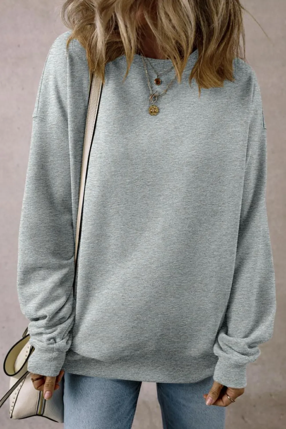 Best Dear-Lover Solid Loose Crew Neck Fleece Sweatshirt Light Grey