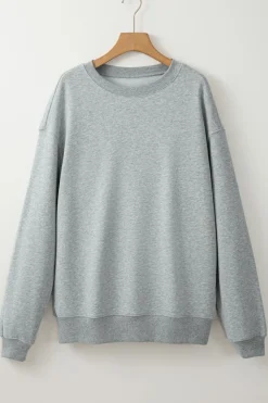 Best Dear-Lover Solid Loose Crew Neck Fleece Sweatshirt Light Grey