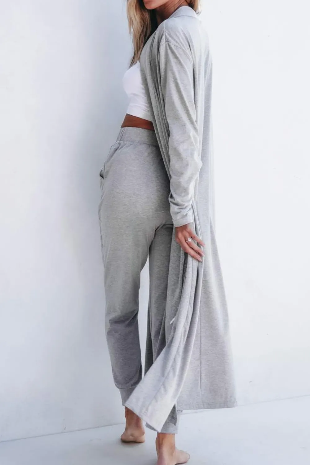 Sale Dear-Lover Split Long Cardigan and Skinny Pants Lounge Set Light Grey