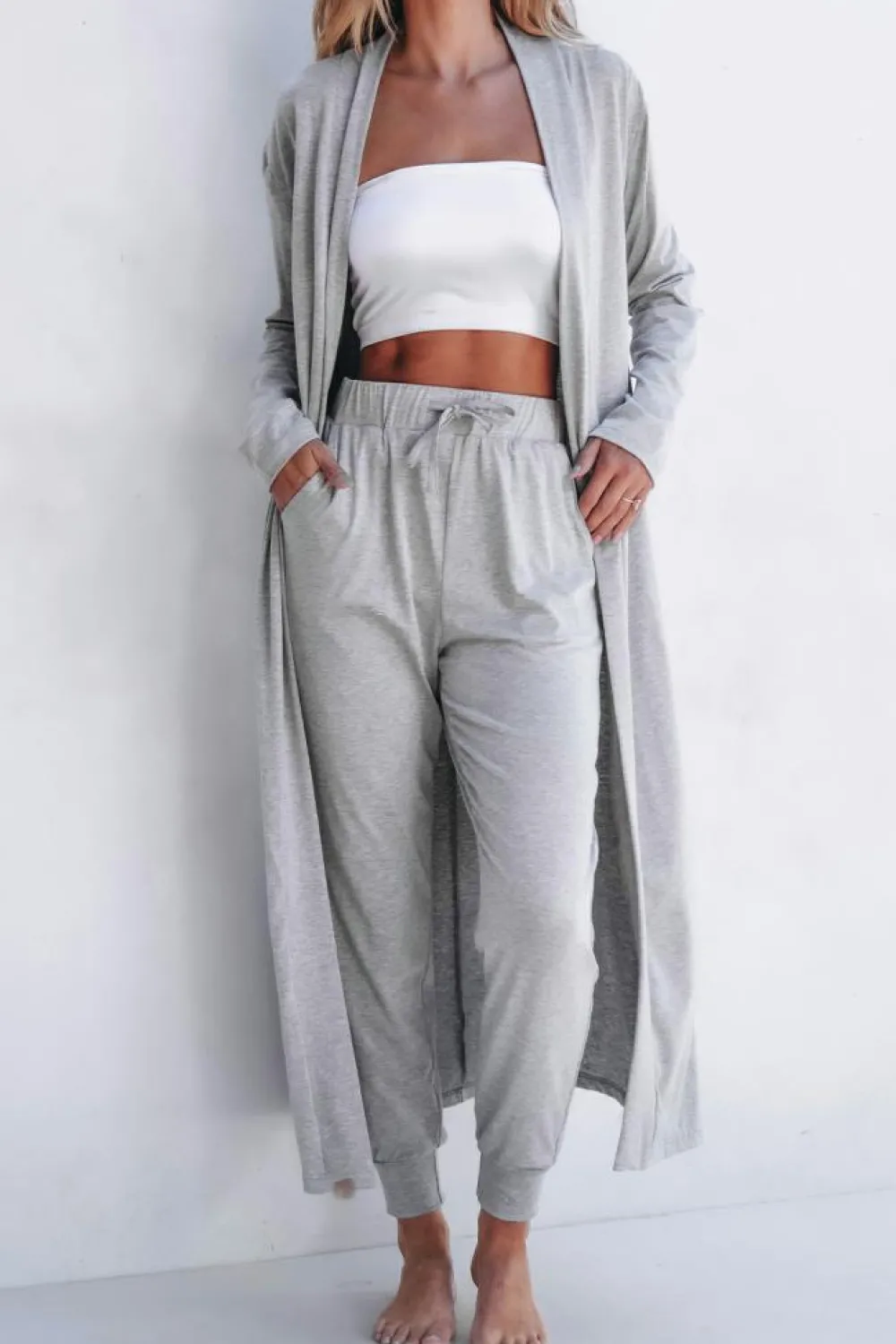 Sale Dear-Lover Split Long Cardigan and Skinny Pants Lounge Set Light Grey