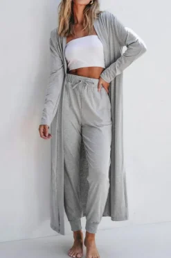 Sale Dear-Lover Split Long Cardigan and Skinny Pants Lounge Set Light Grey