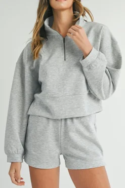 Discount Dear-Lover Stand Neck Zipped Sweatshirt and Shorts Set Light Grey